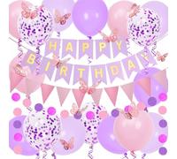 Décoration d'anniversaire, guirlande « Happy Birthday », guirlande à pois et décorations de papillons, ballons roses et violets, pour filles et femmes