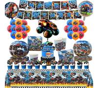 Décoration d'anniversaire Monster Truck,Vaisselle Fête Monster Truck,Décoration Fête ,comprend nappe,assiettes en papier,ensemble de décoration d'anniversaire,pour 10 personnes