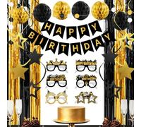 Décoration d'anniversaire noire et dorée, bannière Happy Birthday, rideau en guirlande, pompons dorés, lunettes de fête, spirales suspendues, réutilisables, accessoires de fête DIY pour hommes et