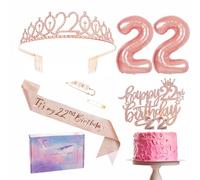 Décoration d'anniversaire pour femme 22 ans, couronne d'anniversaire et écharpe, décoration de gâteau d'anniversaire et bougies, ballon en aluminium 22 ans, cadeau pour femme pour fête d'anniversaire