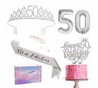 Décoration d'anniversaire pour femme 50 ans, décoration d'anniversaire argentée 50 ans, couronne d'anniversaire et écharpe, décoration de gâteau d'anniversaire et bougies, ballon en aluminium 50, 50e