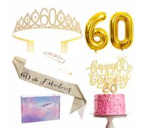 Décoration d'anniversaire pour femme 60 ans, couronne d'anniversaire et écharpe, décoration de gâteau d'anniversaire et bougies, ballon en aluminium 60, 60 ans, cadeau pour homme/femme, fournitures de