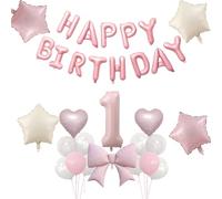 Décoration d'anniversaire rose 1 an, décoration 1er anniversaire, guirlande Happy Birthday, ballons, nœud papillon, cœurs et étoile ballon en aluminium pour anniversaire 1 an décoration de fête à