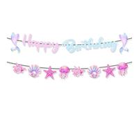 Décoration d'anniversaire sirène, bannière Happy Birthday, décoration de fête océan irisée avec coquillages, étoiles de mer et méduses, guirlande pour anniversaire d'enfant, fête à thème sous-marine