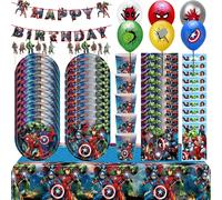 Décoration d'anniversaire Super-héros Marvel pour garçon, thème Avengers, gobelets, assiettes, ballons, bannière Joyeux Anniversaire, sacs cadeaux, fournitures de fête pour enfants 34Pcs Set