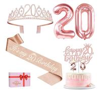 Décoration de 20e anniversaire pour femme, écharpe et couronne, décoration de gâteau et bougies, ballons en or rose 20, cadeaux pour femmes de 20 ans