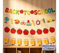 Décoration de couronne "Bienvenue à l'école" avec bannière suspendue colorée et scintillante avec accents de pompon en forme de crayon et de pomme pour la fête de la rentrée scolaire dans la salle de 