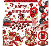 Décoration de fête coccinelle, décorations d'anniversaire, assiettes, tasses, serviettes, nappe, toile de fond « Happy Birthday » - Décorations de gâteau pour 20 personnes