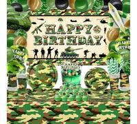 Décoration de fête d'anniversaire camouflage - Fournitures de fête militaire, assiettes, tasses, serviettes, nappe camouflage, toile de fond « Happy Birthday » - Décorations de gâteau pour garçon,