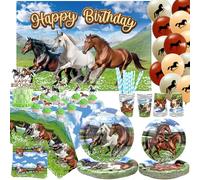 Décoration de Fête d'Anniversaire Cheval et Cowboy - Assiettes, Tasses, Serviettes, Nappe, Toile de Fond 'Happy Birthday', Ballons pour Gâteau