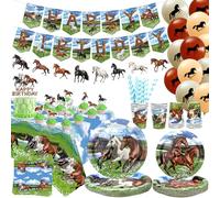 Décoration de fête d'anniversaire de cheval, fournitures de fête de cheval, assiettes, tasses, serviettes, nappe, bannière « Happy Birthday », ballons, décorations de gâteau pour cowboy, cheval,