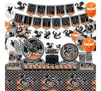 Décoration de fête d'anniversaire dragon avec bannière Happy Birthday , assiettes plates, assiettes à dessert, tasses, serviettes, nappes, ballons, pailles, pour 20 invités (A)