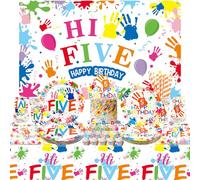 Décoration de fête d'anniversaire Hi Five, y compris toile de fond de fête Hi Five, assiettes, assiettes à dessert, tasses, serviettes, nappes, ballons, pailles, pour enfants, garçons et filles