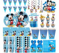 Décoration de fête d'anniversaire Mickey Mouse, vaisselle Mickey bleue, gobelets, assiettes, ballons, toile de fond, panneaux, sac cadeau, fournitures de fête pour enfants 50pcs set