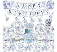 Décoration de fête florale bleue et blanche avec bannière « Happy Birthday », assiettes, gobelets, serviettes, nappes, lanternes en papier, pailles, pour anniversaire, mariage, chinoiserie