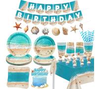 Décoration de fête sur la plage, avec bannière « Happy Birthday », décorations de gâteau, vaisselle et nappe pour fête de piscine hawaïenne d'été avec coquillages, pour 20 personnes