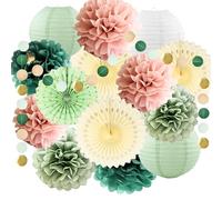 Décoration de fête vert sauge, rose, vert olive, pompons, papier de soie, lanterne en papier, guirlande en papier, guirlande pour décorations de mariage, fête prénatale, décoration d'anniversaire
