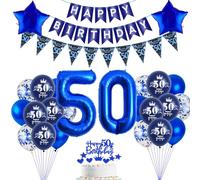 Décoration de gâteau 50 ans, bleus, avec ballons, pour le 50e anniversaire d'un homme, décoration de fête du 50e homme, ballon bleu
