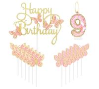 Décoration de gâteau d'anniversaire en forme de papillon « Happy 9th Birthday » - Numéro 9 rose doré - Décoration de gâteau d'anniversaire pour fille - Pour 9e anniversaire - Papillon rose - Pour fête