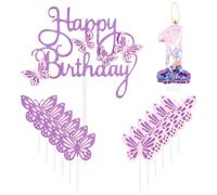 Décoration de gâteau d'anniversaire en forme de papillon pour fille - Numéro 1 - Rose/violet - Décoration de gâteau d'anniversaire pour 1er anniversaire - Pour fête sur le thème des papillons