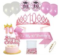 Décoration de gâteau d'anniversaire pour fille de 10 ans - Couronne en alliage et strass - 22 pièces roses