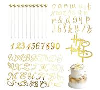 Décoration de Gâteau en Acrylique Doré - Ensemble Complet Lettres A-Z (Majuscules et Minuscules), Chiffres 0-9, 10 Étoiles Dorées et Autocollant "Joyeux Anniversaire"