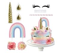 Décoration de Gâteau Licorne Thème-Licorne Cake Topper Mignon Unicorn avec Cornes Oreilles Cilspour Décoration de Gâteau D'anniversaire Fêtes à Thème Babyshower Mariage (B)