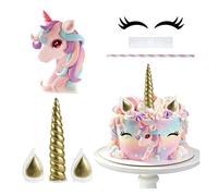 Décoration de Gâteau Licorne Thème-Licorne Cake Topper Mignon Unicorn avec Cornes Oreilles Cilspour Décoration de Gâteau D'anniversaire Fêtes à Thème Babyshower Mariage (A)