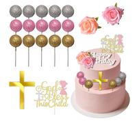 Décoration de gâteau pour communion avec croix, thème baptême, mariage, anniversaire, ensemble complet de décoration pour célébrations spéciales, avec paillettes dorées et éléments floraux, idéal