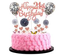 Décoration de gâteau pour homme et femme - 24e anniversaire - Hello 24 - Or rose et noir - Avec ballon en forme de cœur - Décoration de gâteau - 24 ans - Pour femme - 24 ans