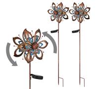 Décoration de jardin LED Lampe solaire Roue à vent Lampe de terrasse Lampe extérieure Piquet de terre, métal or bleu, verre brisé, LxH 22,5 x 92 cm, set de 2