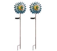 Décoration de jardin Roue à vent LED Lampe solaire Lampe de terrasse Lampe extérieure Piquet de terre, or bleu antique, verre brisé, LxH 22,5 x 92 cm, set de 2