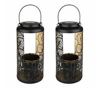 Décoration de jardin solaire terrasse Lampes solaires suspendues IP44 batterie, métal noir estampage décoratif oriental, 1x LED 3000K, DxH 15x41cm, set de 2