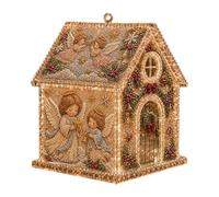 Décoration de maison de Noël en bois avec motifs de scène festive assortis | Les décorations saisonnières en forme de maison présentent des personnages de Noël et des scènes d'hiver sur des toits à
