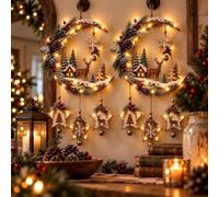 Décoration de Noël en forme de croissant de lune - Couronne lumineuse en | Décorations rennes et étoiles. Lumières LED chaudes. Suspension murale rustique pour décoration de Noël intérieure.