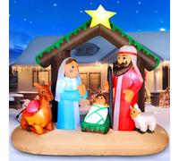Décoration de Noël gonflable de 180 cm/6 pieds de haut, scène de la Nativité avec toit de chaume vert et 3 personnages, lumières LED intégrées, décoration de Noël religieuse pour églises/jardins