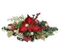 Décoration de Noël LED avec Poinsettia, Boules et minuterie - Décoration de | Décoration d'hiver avec fleur en velours rouge, baies, vert sapin et lumière d'ambiance pour les espaces de vie festifs.