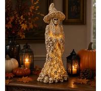 Décoration de sorcière squelette en résine, statue de crâne lumineux d'Halloween, décoration de table vintage enchantée, tête de mort effrayante pour table et étagère, sculpture décorative d'intérieur