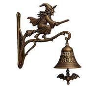 Décoration extérieure d'Halloween - Sorcière vintage - Cloche murale en métal - 12 x 18 cm - Avec balai - Cloche de porte faite à la main - Pour jardin, cour, magasin - Résistante aux intempéries - En