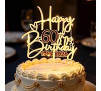 Décoration gâteau 60 ans Femme Homme 1966-2026, Cake Topper bois LED doré | Décoration de Gâteau Joyeux 60e Anniversaire, Décoration pour 60e Anniversaire