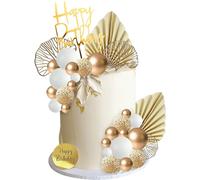 Decoration Gateau Anniversaire 29 Pièces Boule Décoration Gateau Anniversaire Or/Blanc Topper Gateau Happy Birthday Deco pour Mariage, Fête de Jardin, Réunion de Famille