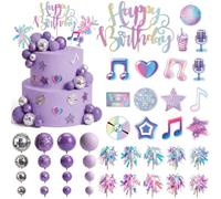 Decoration Gateau Anniversaire Musique, 46 Pièces Deco Gateau Anniversaire, Boule Disco Décoration de Gâteau Happy Birthday, Boules Décoration Gateau Violet pour Anniversaire, Fête Musicale, Mariage