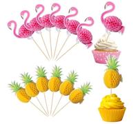 Decoration Gateau Hawaii 24 PCS Decoration Cocktail Ananas Décoration Gâteau Tropical Pic à Cocktail Bois Cake Topper Flamant Rose pour Desserts, Boissons, Gâteaux, Fêtes d'été