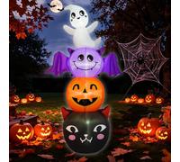 Décoration gonflable d'extérieur à 4 niveaux pour Halloween, 1,8 m, fantôme mignon, chauve-souris violette, citrouille souriante et chouette noire avec LED intégrées, étanche à gonflage rapide des