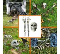 Décoration Halloween Faux squelette Tête et mains - 3 pièces - Crâne et mains - Squelettes humains en plastique - Articles de fête pour Halloween - Décorations pour la fête d'Halloween à la maison