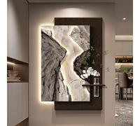 Decoration Murale 3D en Grès avec LED et Vase, Art Mural Moderne pour Salon | Design 3D Sculpté, LED Économe, Vase Hydroponique, Installation Murale Facile(Black B,70x100cm/28x39in)
