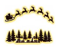 Décoration murale de Noël rétroéclairée à LED avec télécommande (ensemble | Silhouette de traîneau de Père Noël flottant et renne en bois, décoration murale de village de Noël