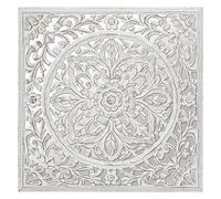 Décoration Murale en Bois Blanc sculpté Aspect Vieilli avec Miroir 58 x 58 cm - Atmosphera