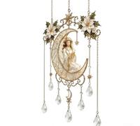 Décoration murale en métal à suspendre en forme d'ange et lune | Charmant design ange, base de lune dorée, détails poinsettia complexes, finition en métal vintage, centre de table de