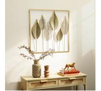 HOMCOM Décoration murale en métal moderne, sculpture murale en métal en forme de feuille unique, suspendu décor pour salon, chambre à coucher bureau, 70 x 70 cm, doré